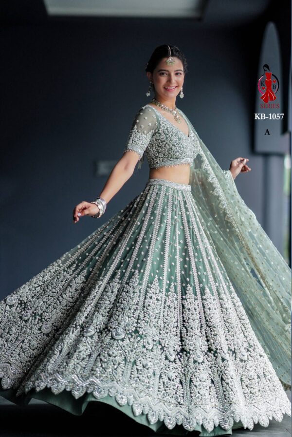 Sky Heavy Butterfly Net Beautiful Embroidery Work Bridal Lehenga