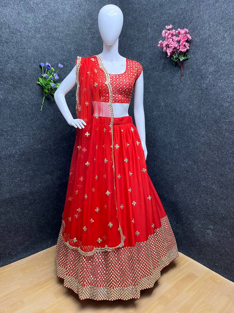 Stunning Mirror Paper Work Fanta Color With Cancan Lehenga