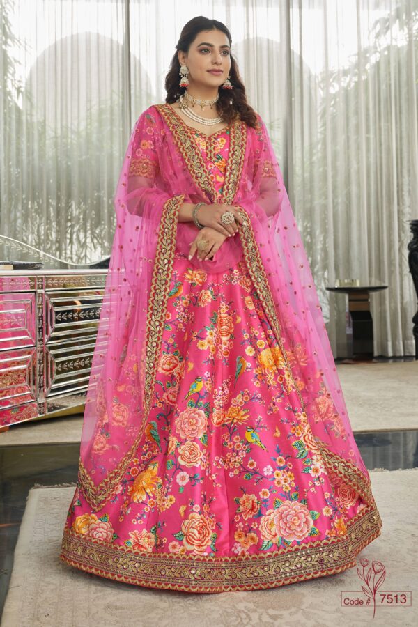 Rose Designer Deep Pink Color Art Silk Fabric Digital Print Embroidery Diamond Work Lehenga