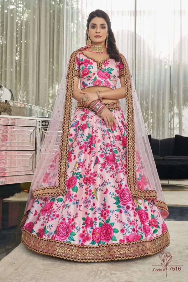 Rose Designer Light Pink Color Art Silk Fabric Digital Print Embroidery Diamond Work Lehenga