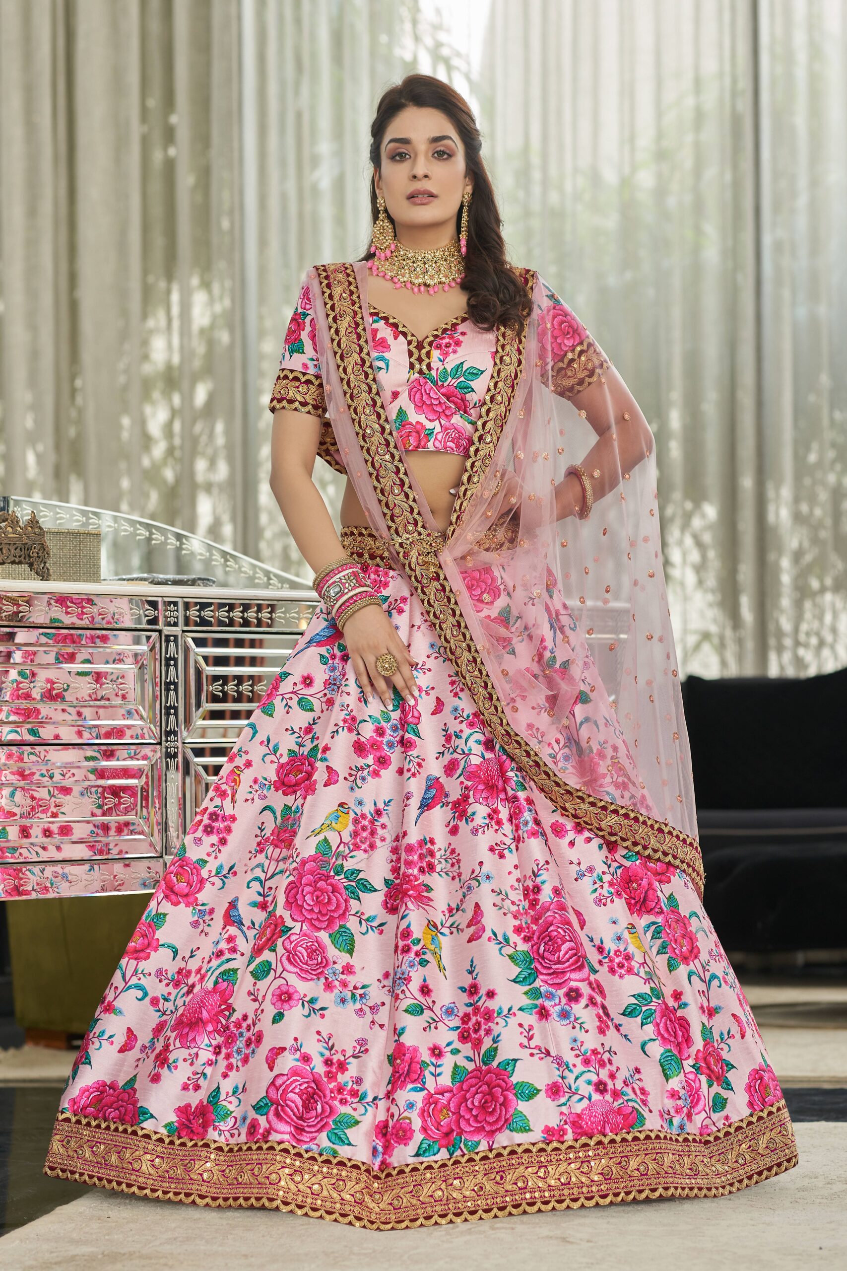 Rose Designer Light Pink Color Art Silk Fabric Digital Print Embroidery Diamond Work Lehenga