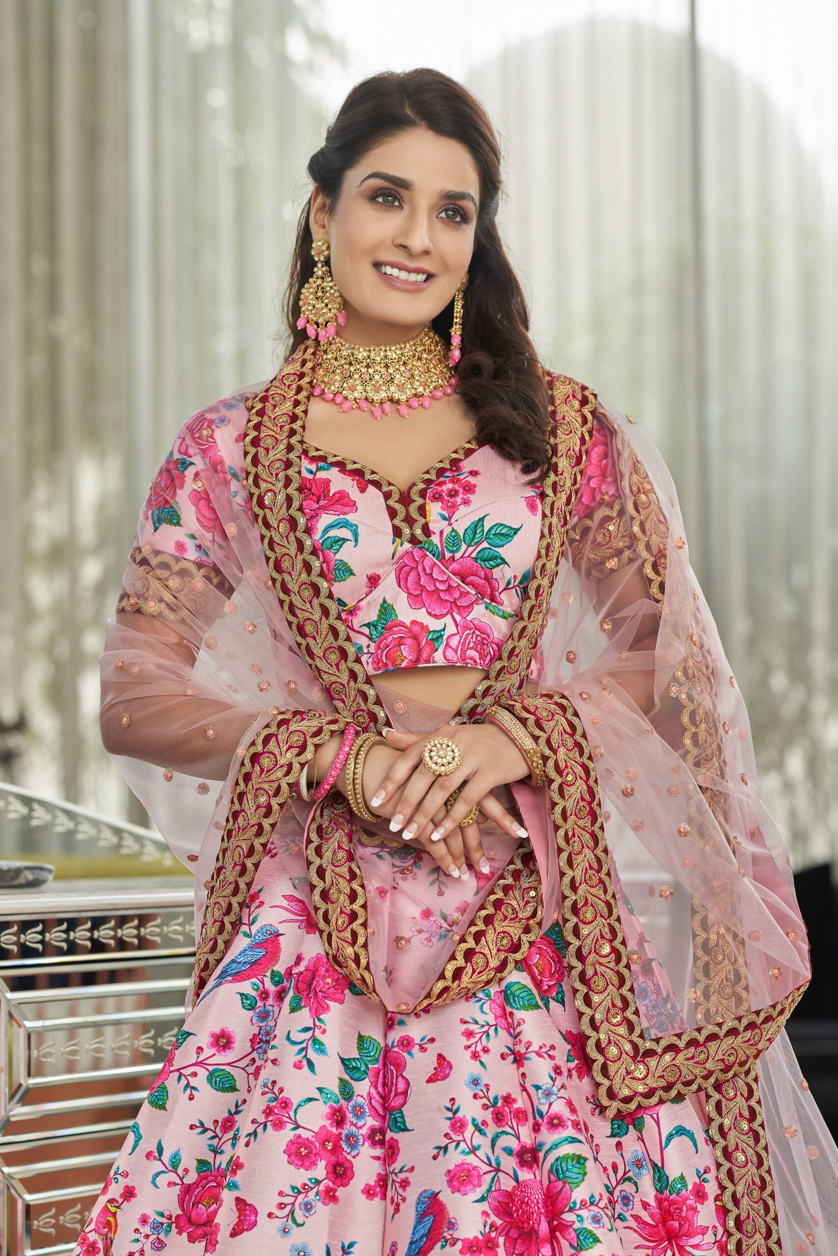 Rose Designer Light Pink Color Art Silk Fabric Digital Print Embroidery Diamond Work Lehenga