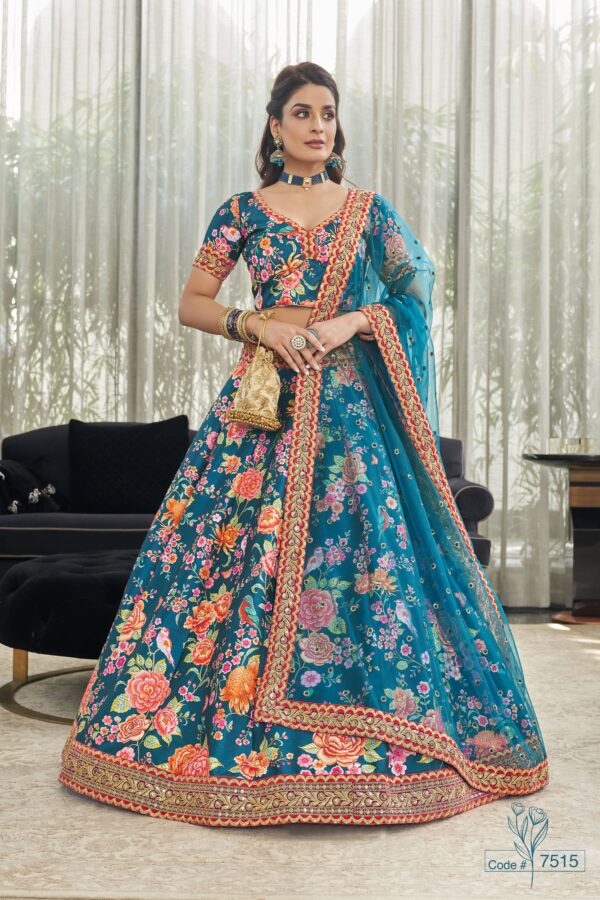 Rose Designer Teal Blue Color Art Silk Fabric Digital Print Embroidery Diamond Work Lehenga