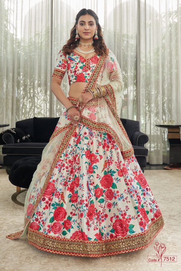Rose Designer White Color Art Silk Fabric Digital Print Embroidery Diamond Work Lehenga
