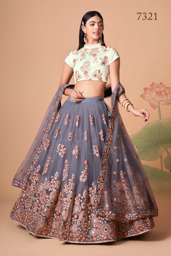 Grey Color Soft Net Fabric Sequence Embroidery With Mirror Work Lehenga