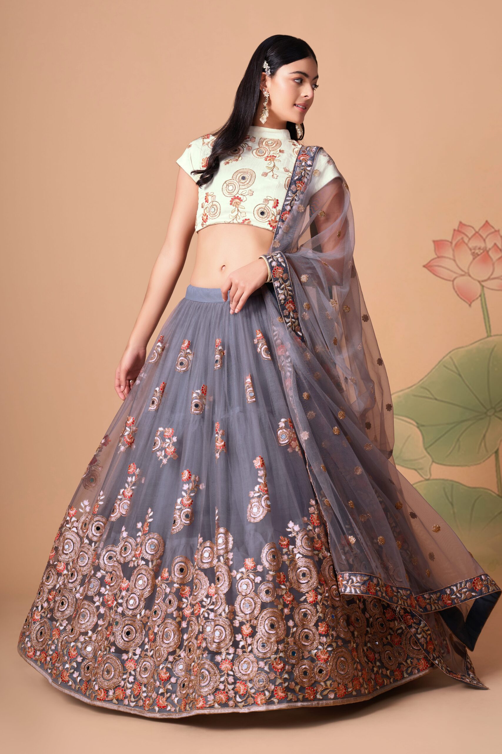 Grey Color Soft Net Fabric Sequence Embroidery With Mirror Work Lehenga