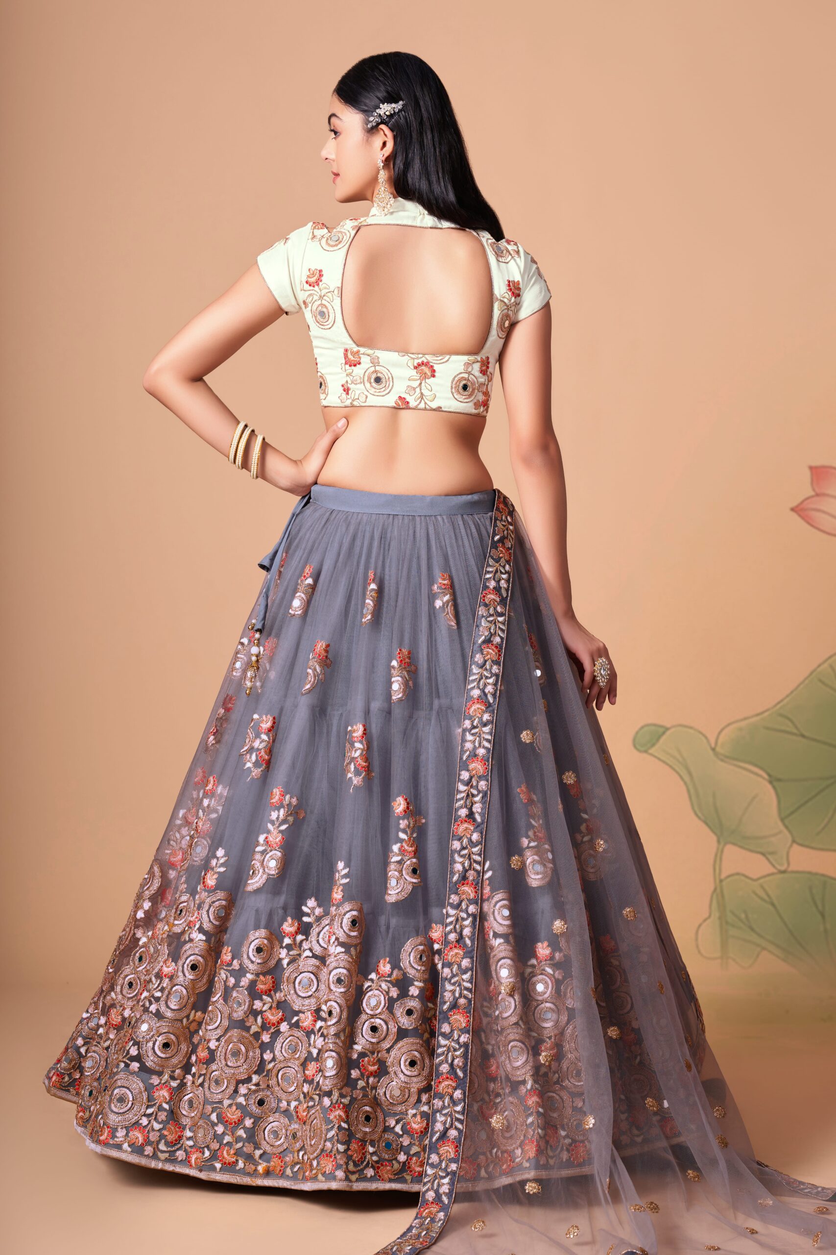 Grey Color Soft Net Fabric Sequence Embroidery With Mirror Work Lehenga
