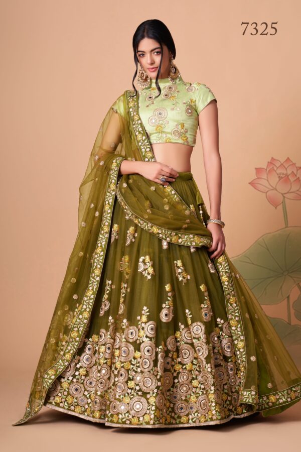 Mehandi Color Soft Net Fabric Sequence Embroidery With Mirror Work Lehenga
