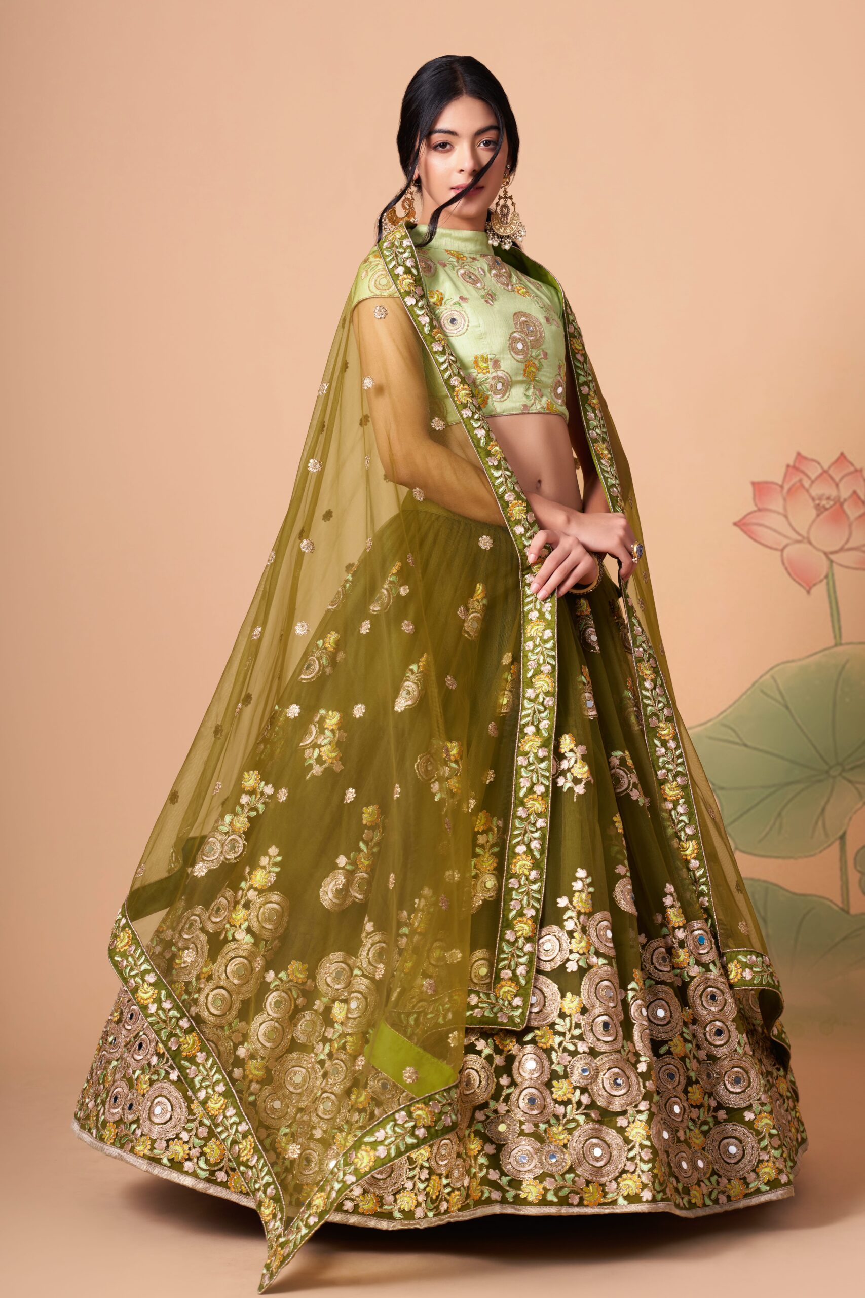 Mehandi Color Soft Net Fabric Sequence Embroidery With Mirror Work Lehenga