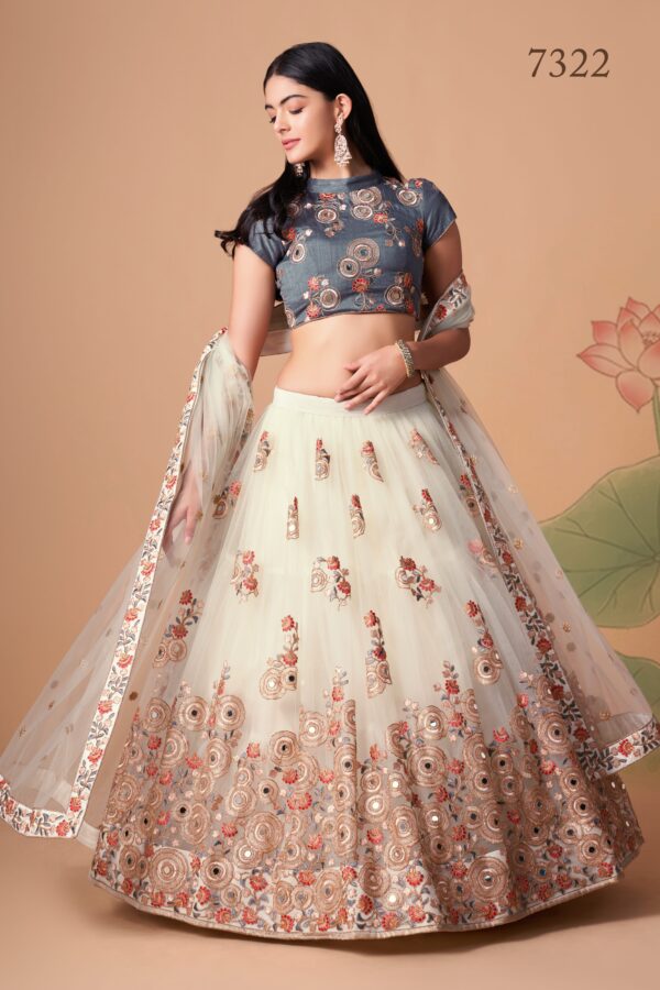Off White Color Soft Net Fabric Sequence Embroidery With Mirror Work Lehenga