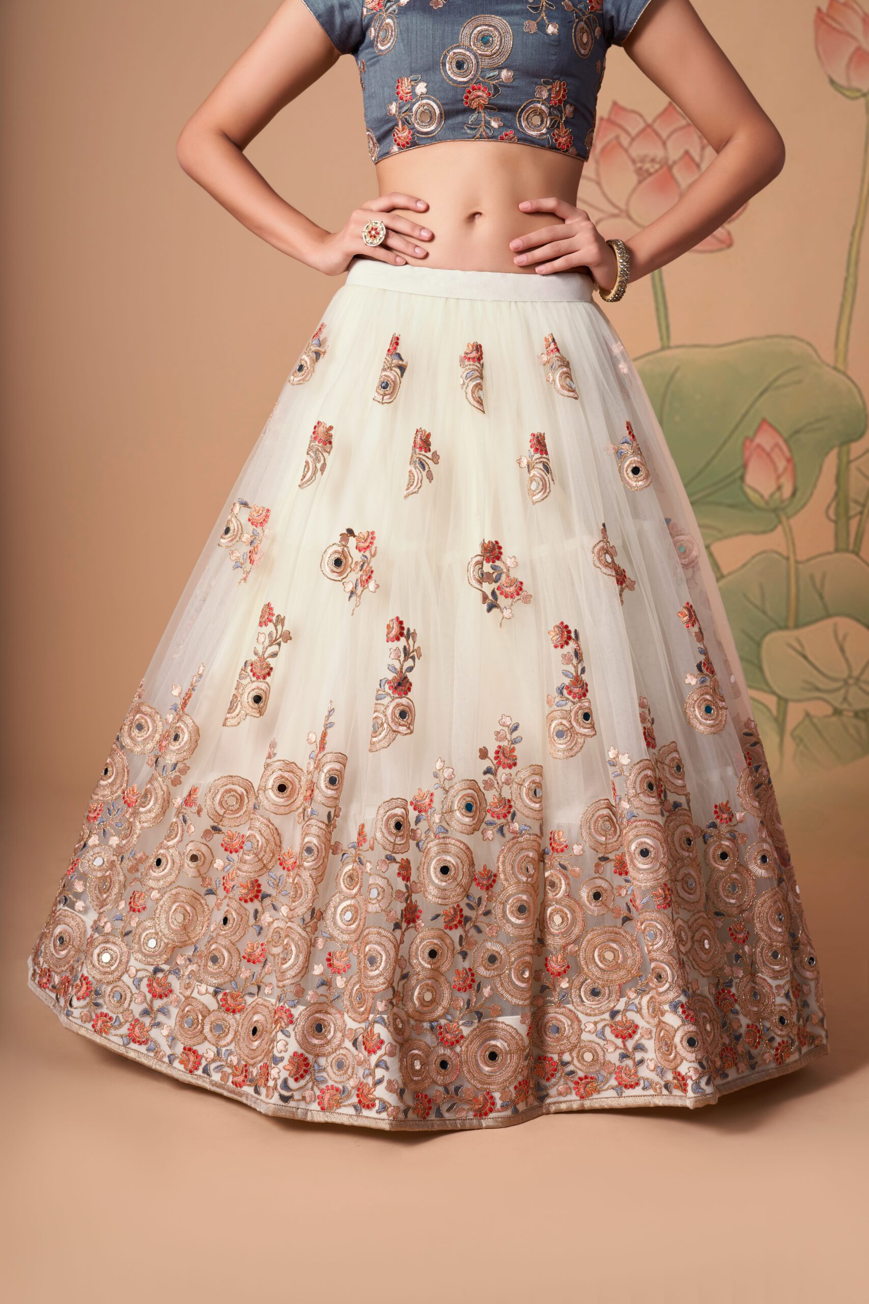Off White Color Soft Net Fabric Sequence Embroidery With Mirror Work Lehenga