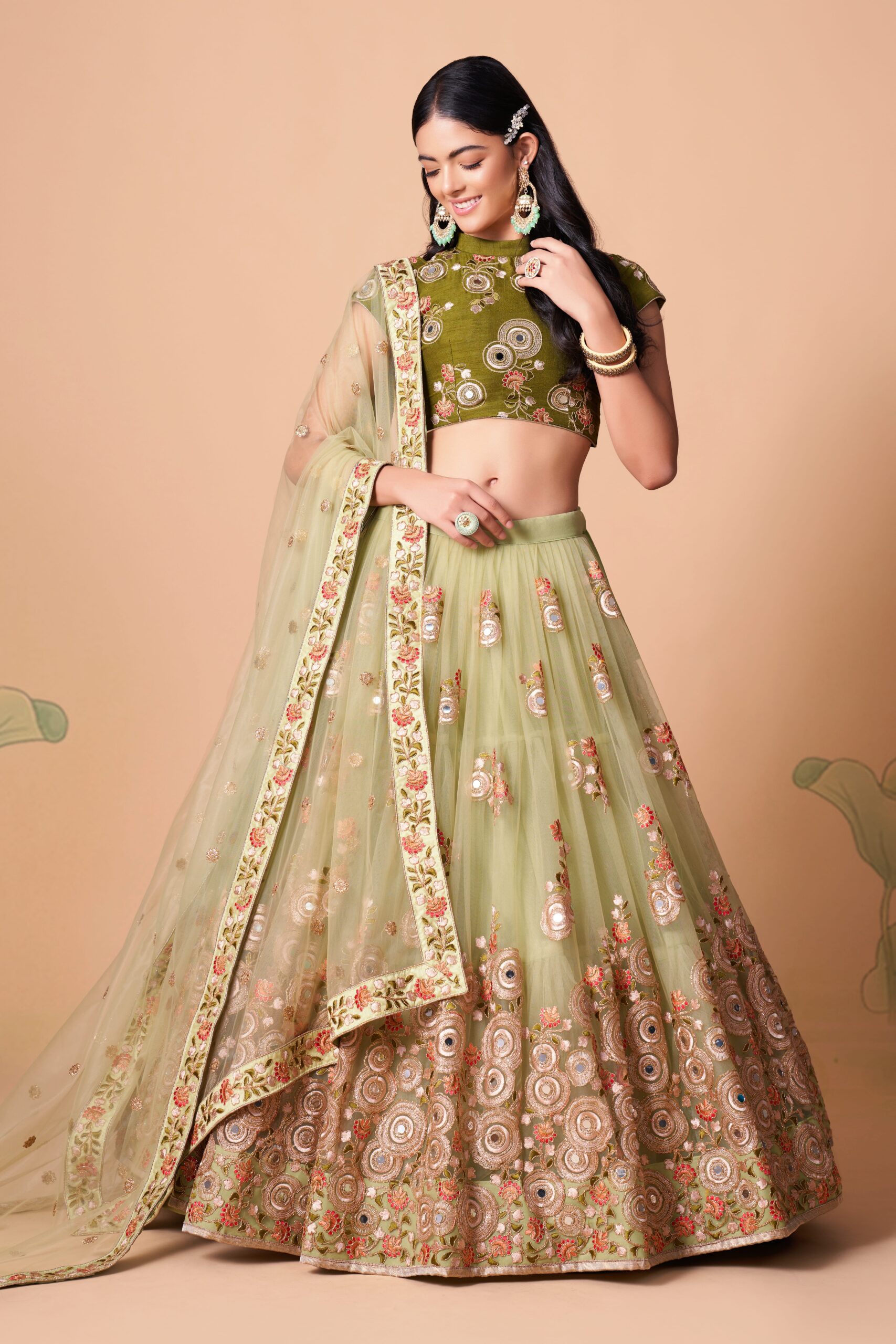 Pista Color Soft Net Fabric Sequence Embroidery With Mirror Work Lehenga
