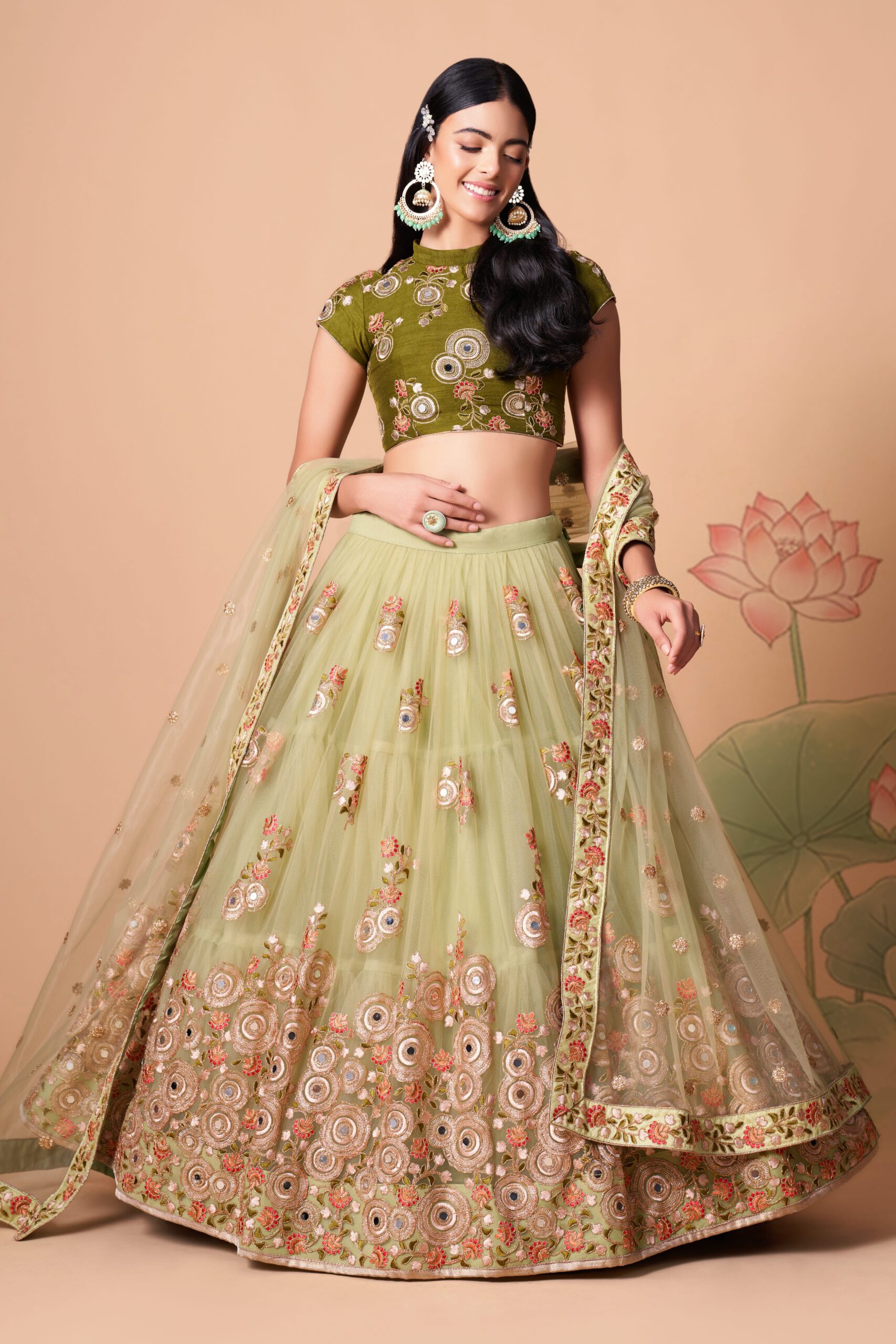 Pista Color Soft Net Fabric Sequence Embroidery With Mirror Work Lehenga