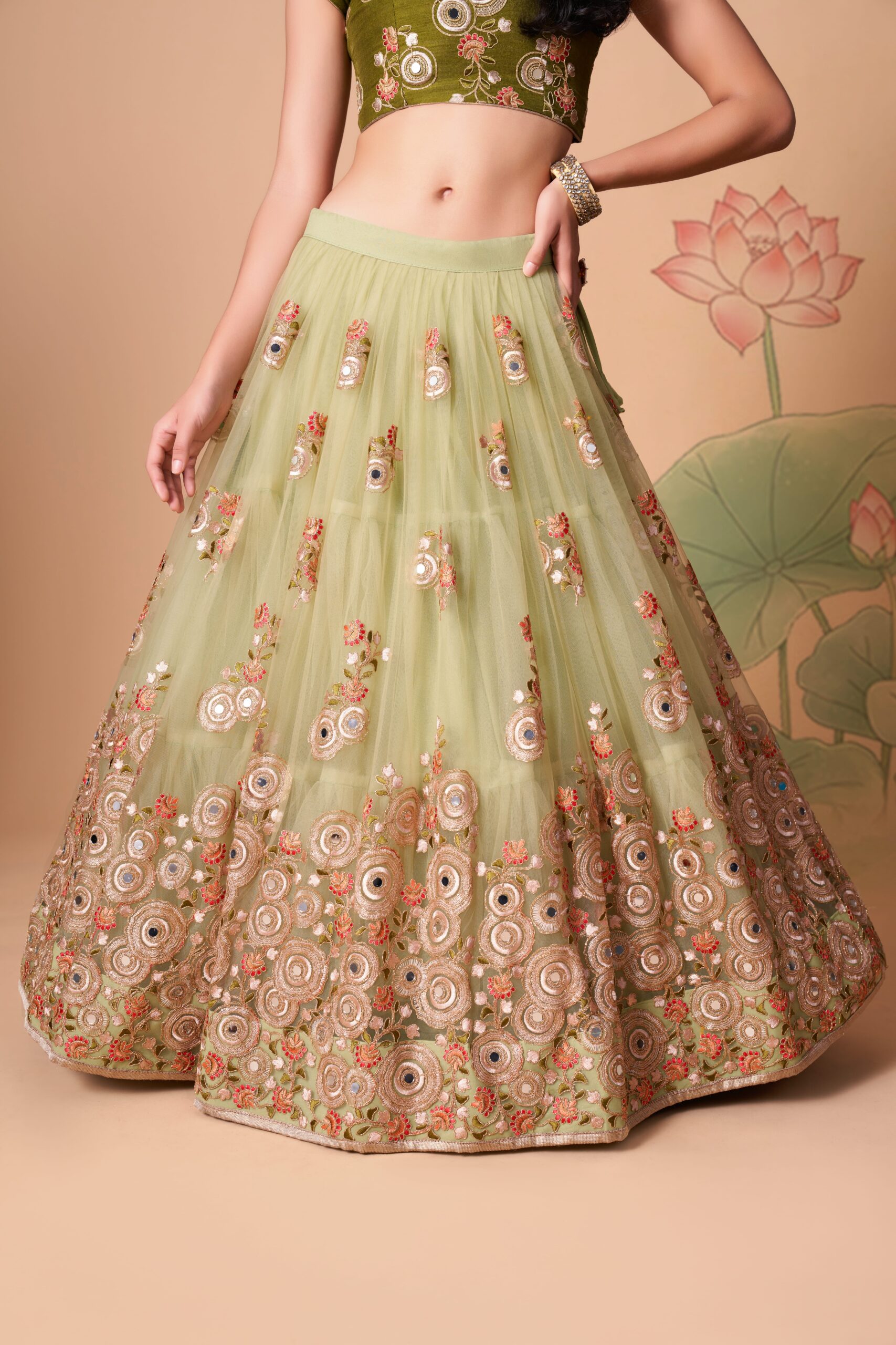 Pista Color Soft Net Fabric Sequence Embroidery With Mirror Work Lehenga