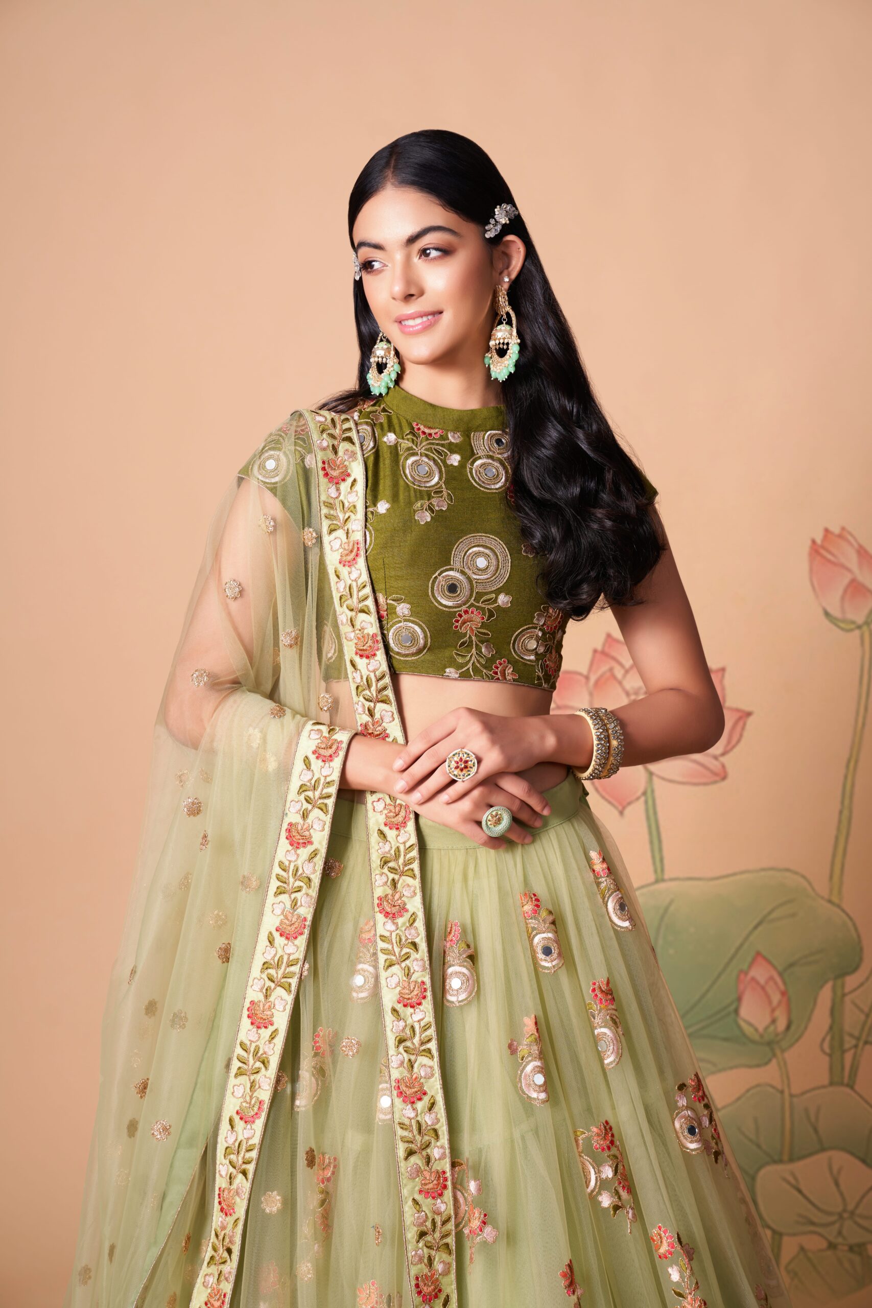 Pista Color Soft Net Fabric Sequence Embroidery With Mirror Work Lehenga