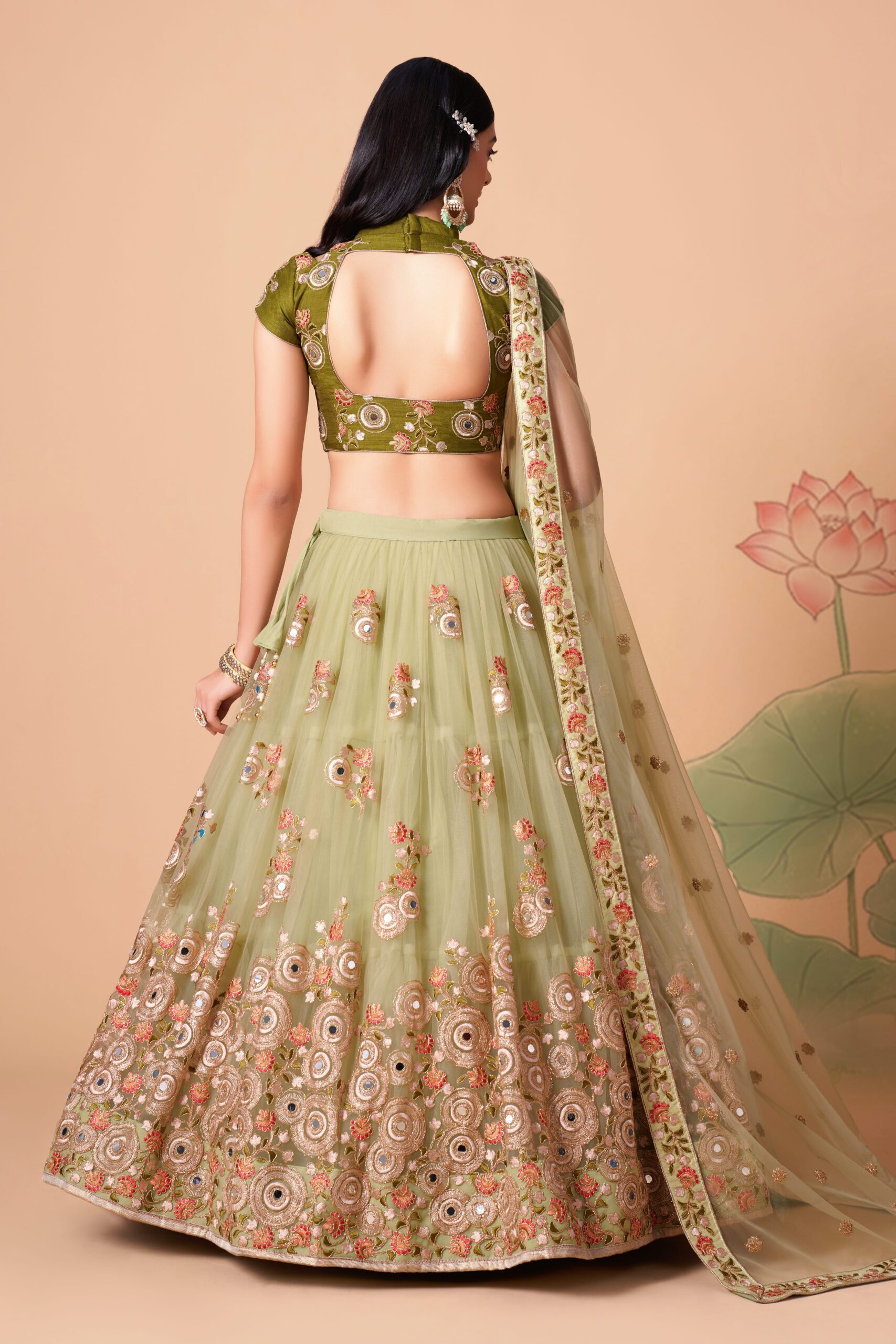 Pista Color Soft Net Fabric Sequence Embroidery With Mirror Work Lehenga