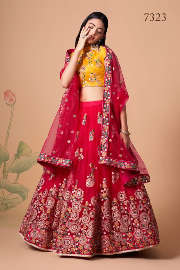 Rani Color Soft Net Fabric Sequence Embroidery With Mirror Work Lehenga