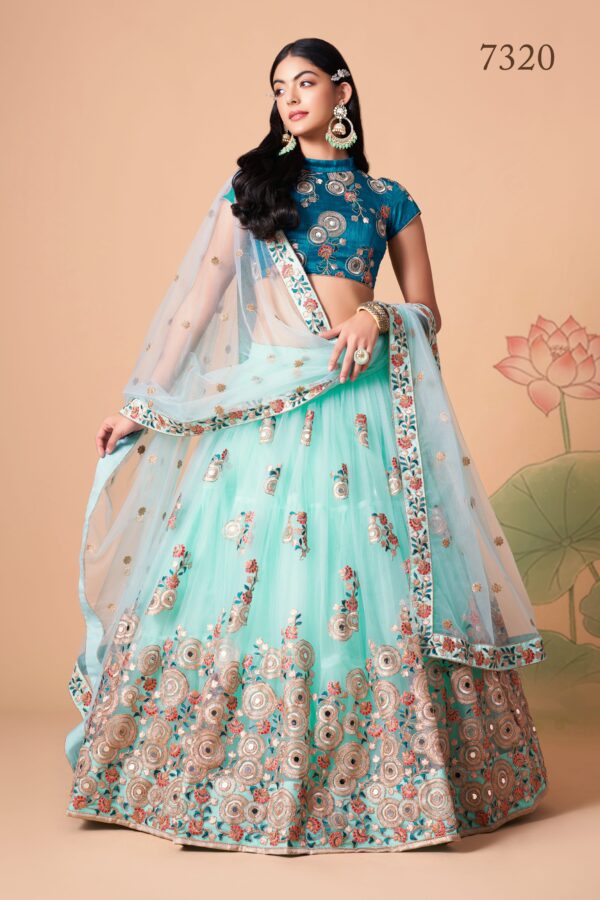 Sky Blue Color Soft Net Fabric Sequence Embroidery With Mirror Work Lehenga