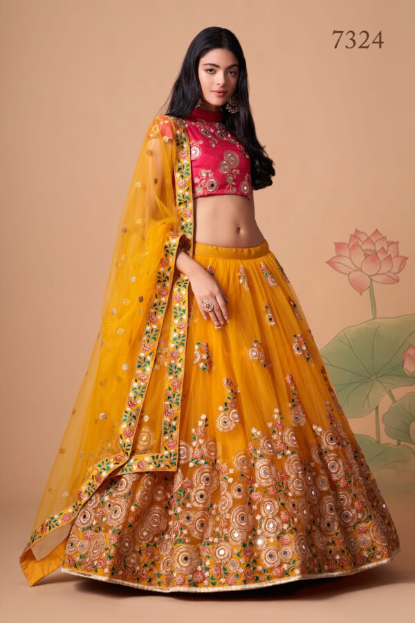 Yellow Color Soft Net Fabric Sequence Embroidery With Mirror Work Lehenga