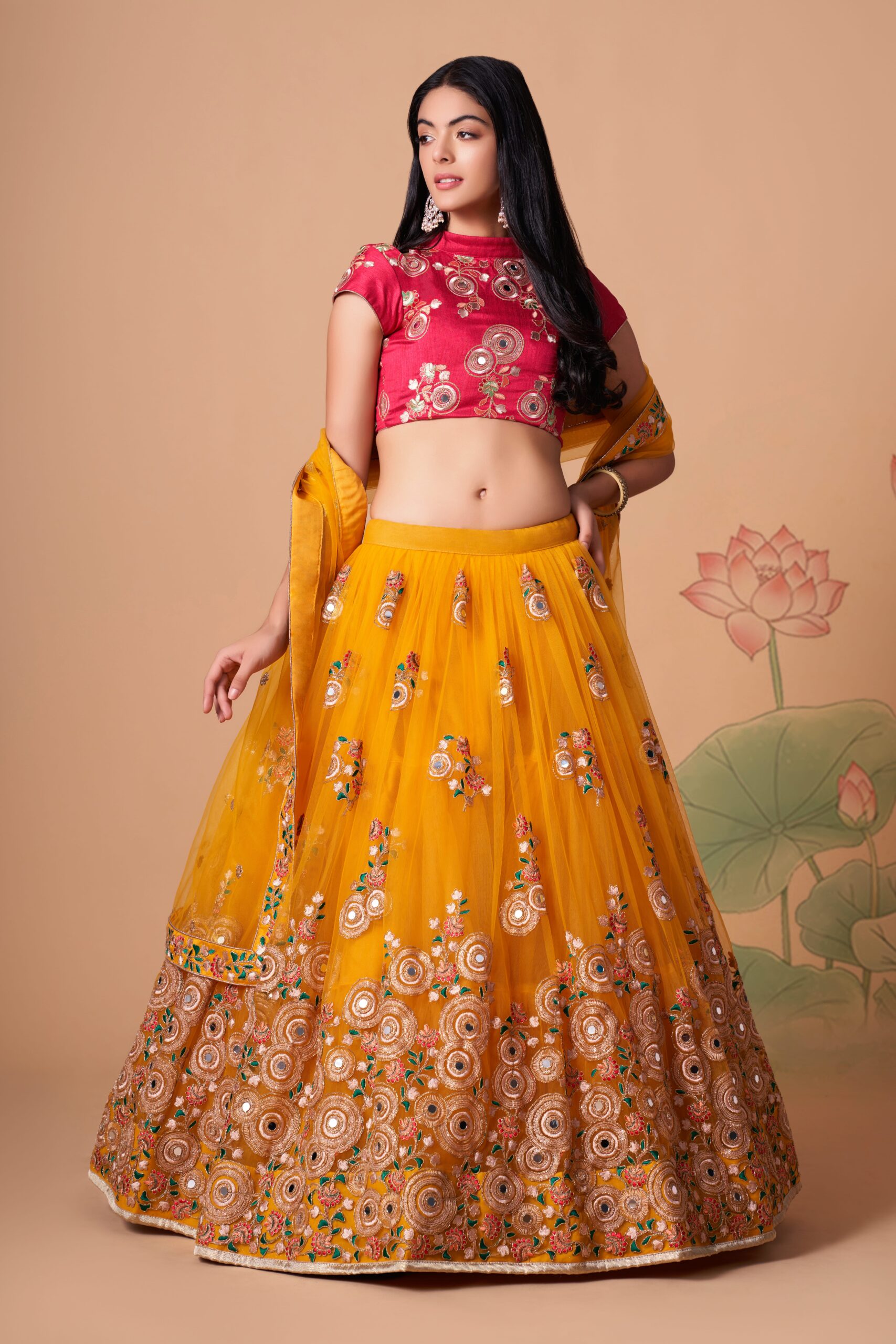 Yellow Color Soft Net Fabric Sequence Embroidery With Mirror Work Lehenga