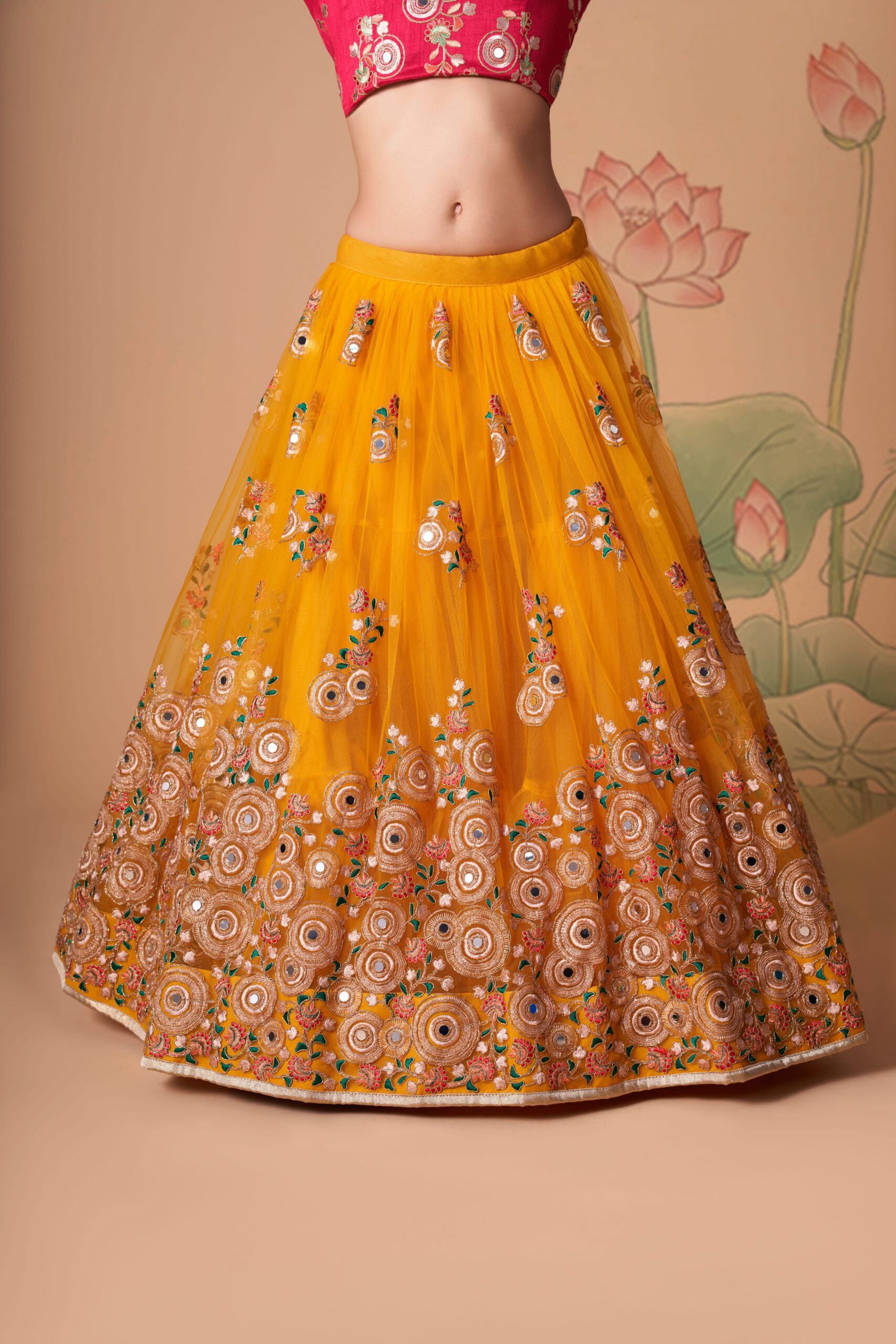 Yellow Color Soft Net Fabric Sequence Embroidery With Mirror Work Lehenga