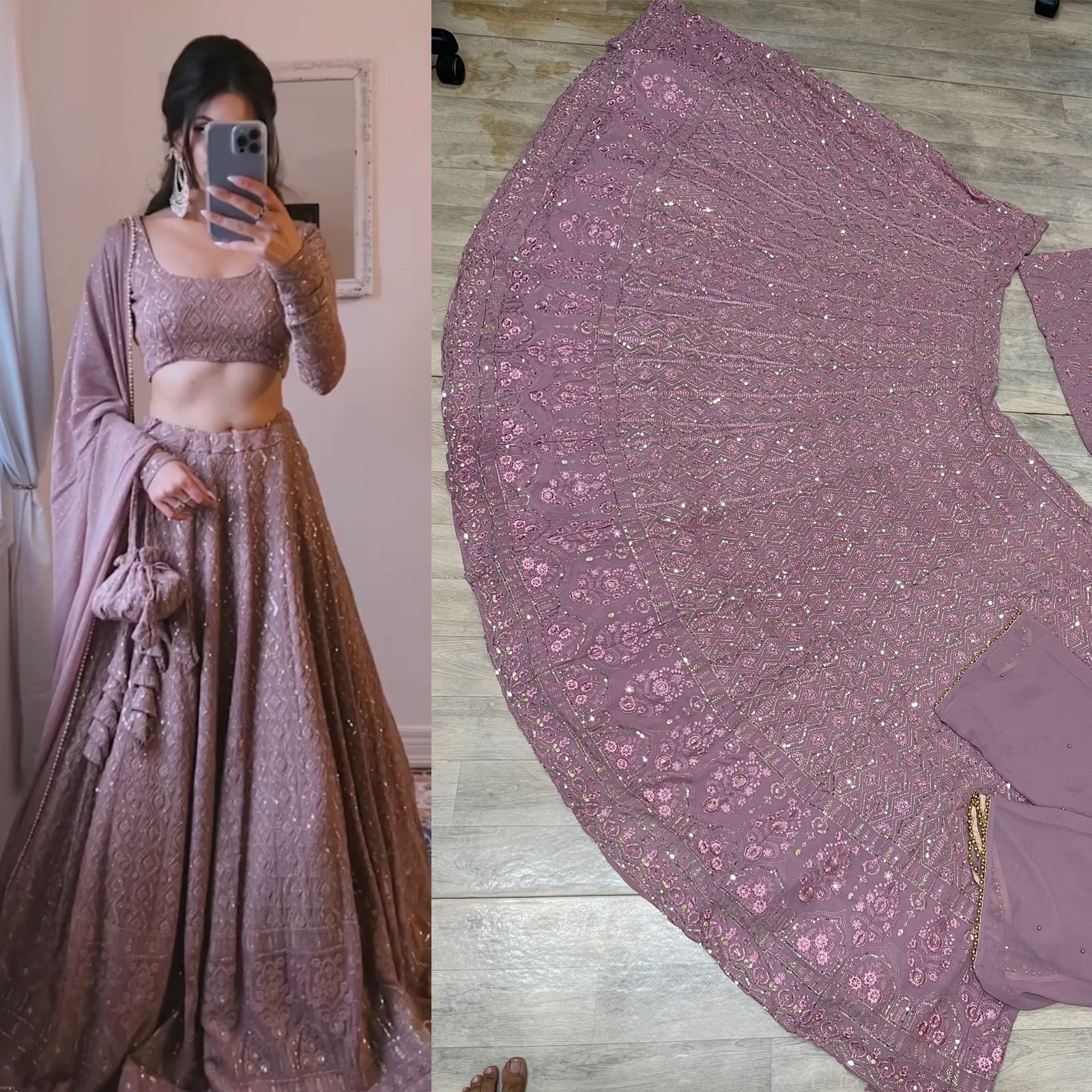 Chocolate Color Soft Georgette Fabric Lakhnawi Work Lehenga
