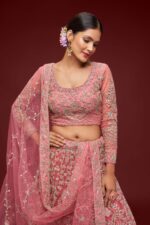 Fantasy Rose Color Soft Net Fabric With Embroidery Work Bridal Lehenga