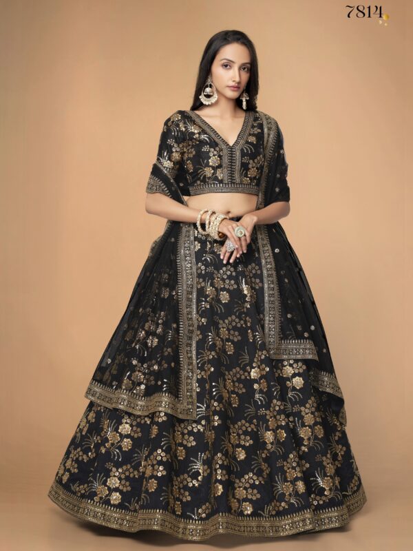Black Color Slub Silk Fabric Sequence With Embroidery Work Lehenga