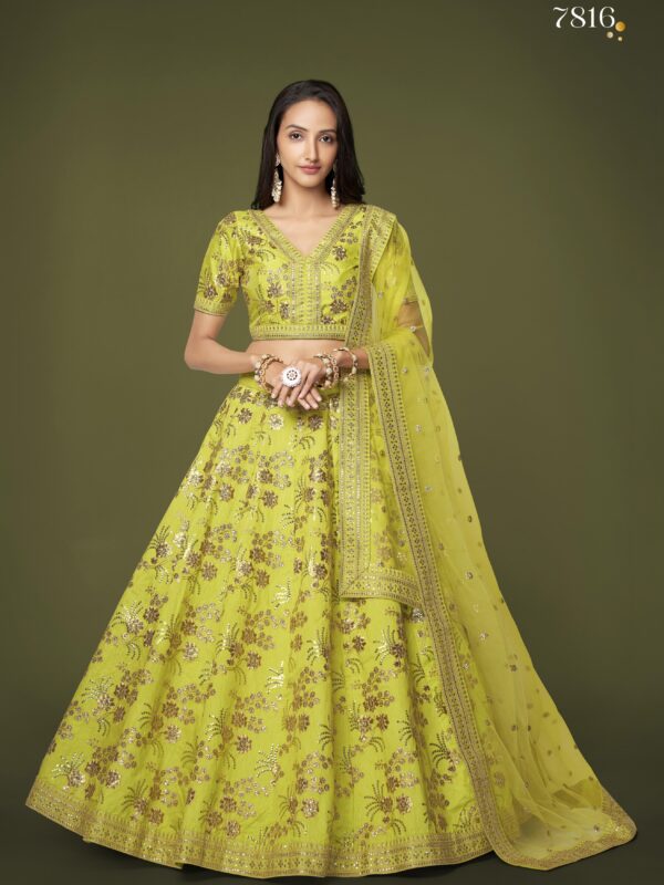 Neon Color Slub Silk Fabric Sequence With Embroidery Work Lehenga