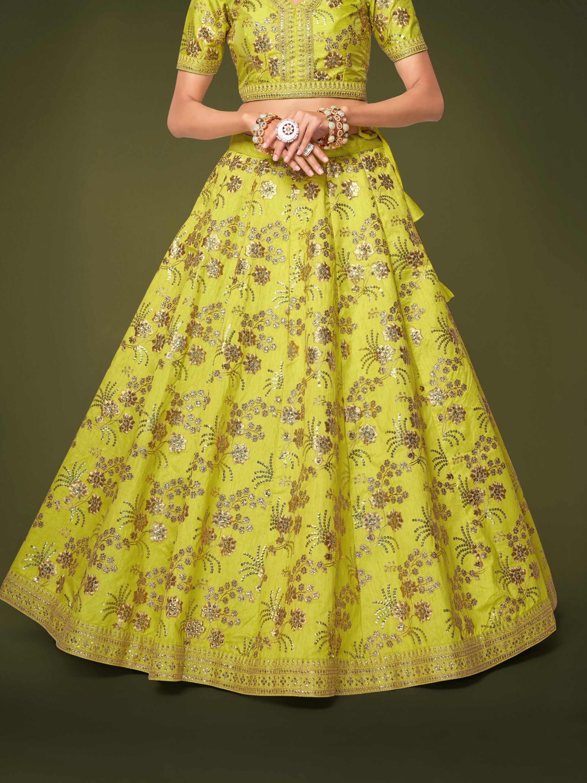 Neon Color Slub Silk Fabric Sequence With Embroidery Work Lehenga