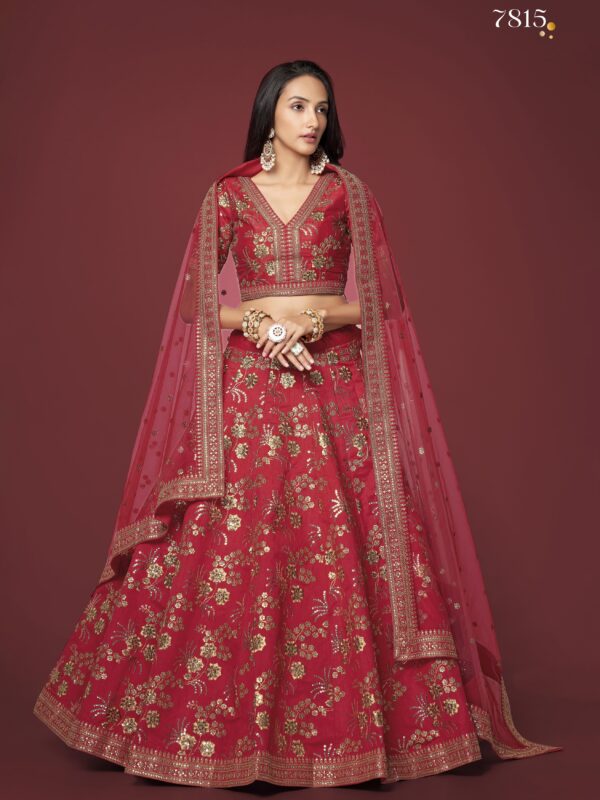 Red Color Slub Silk Fabric Sequence With Embroidery Work Lehenga