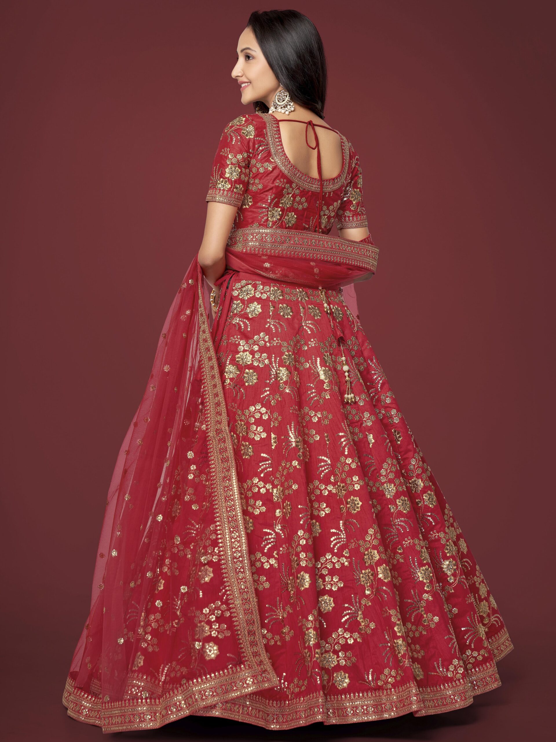 Red Color Slub Silk Fabric Sequence With Embroidery Work Lehenga
