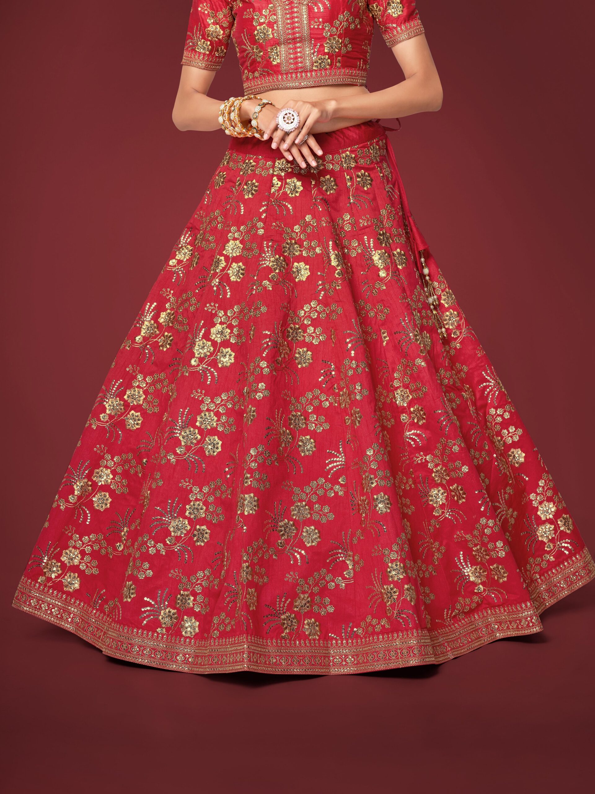 Red Color Slub Silk Fabric Sequence With Embroidery Work Lehenga