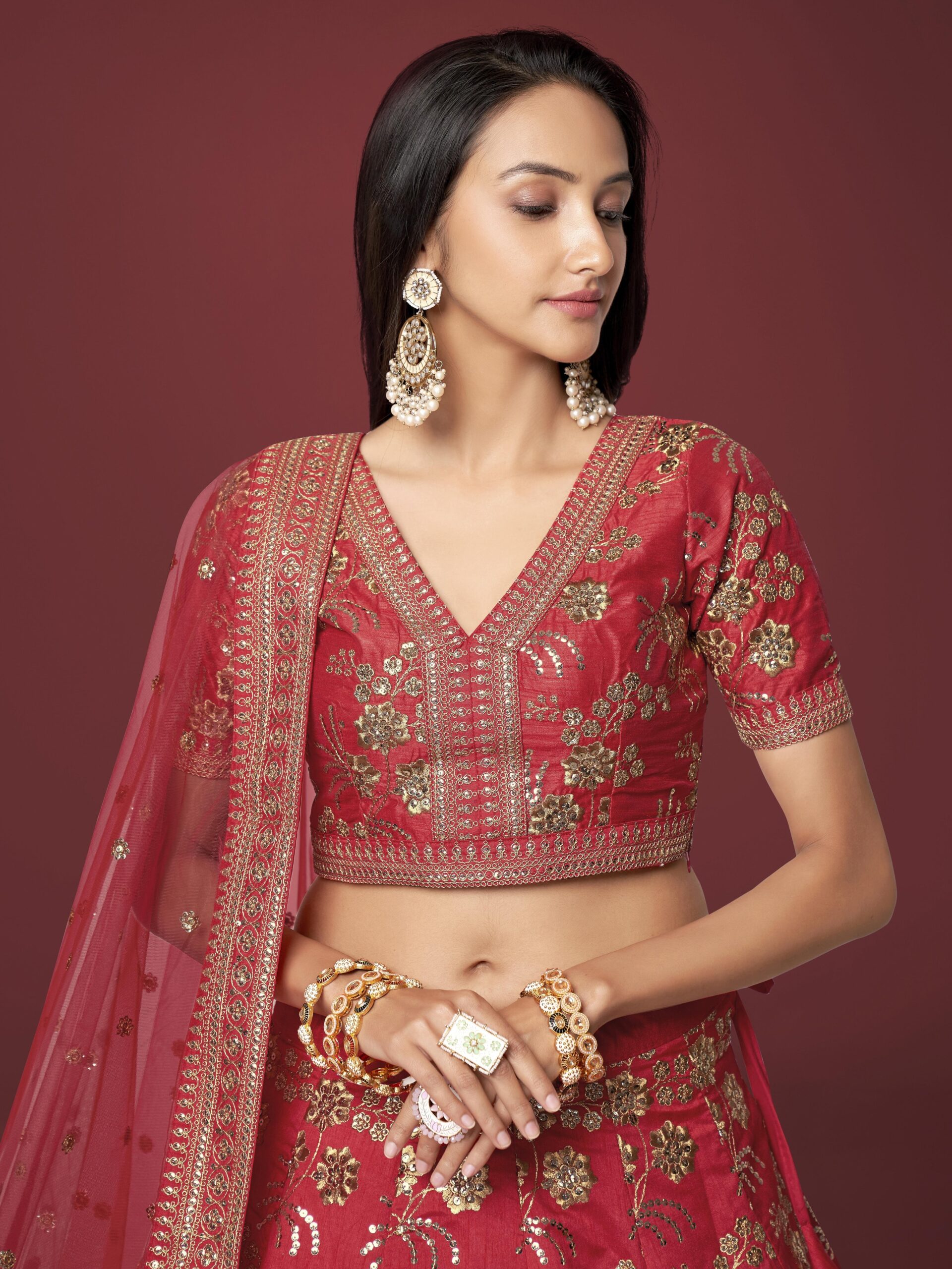 Red Color Slub Silk Fabric Sequence With Embroidery Work Lehenga
