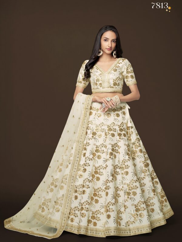 White Color Slub Silk Fabric Sequence With Embroidery Work Lehenga