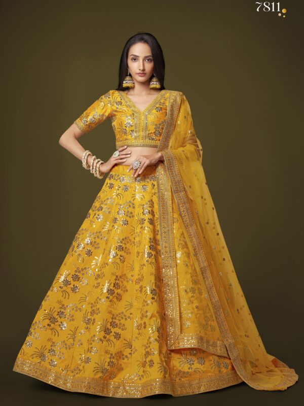 Yellow Color Slub Silk Fabric Sequence With Embroidery Work Lehenga