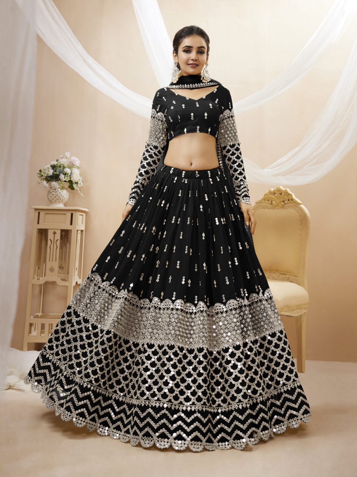 Black Color Georgette Fabric Sequence Work Lehenga