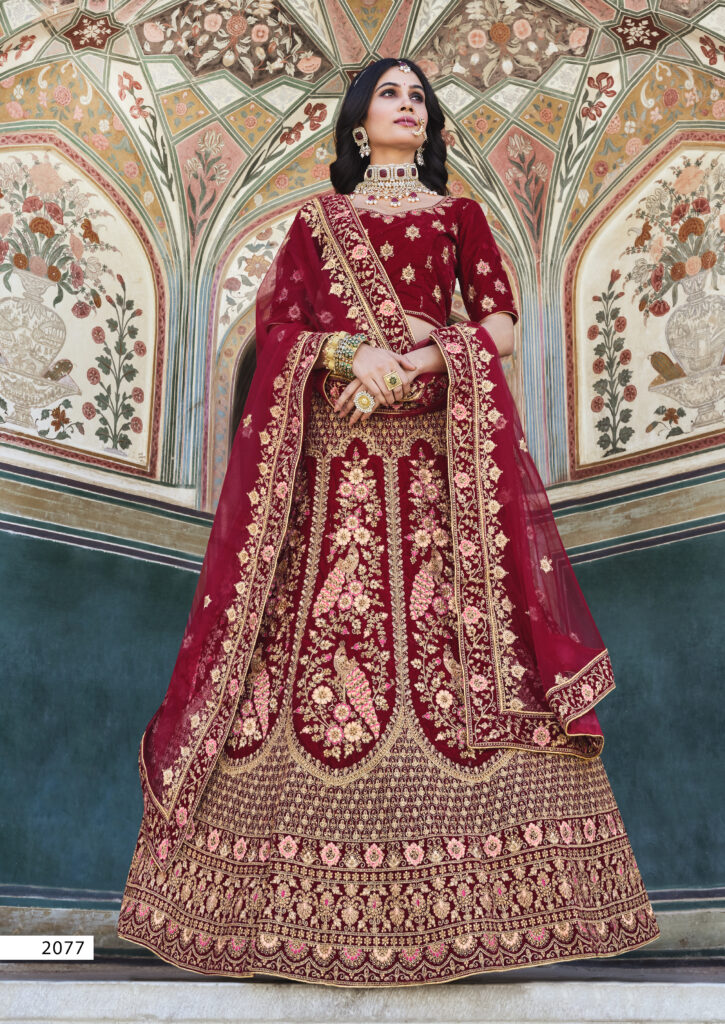 Bridal, Wedding Red and Maroon color Velvet fabric Lehenga : 1897891
