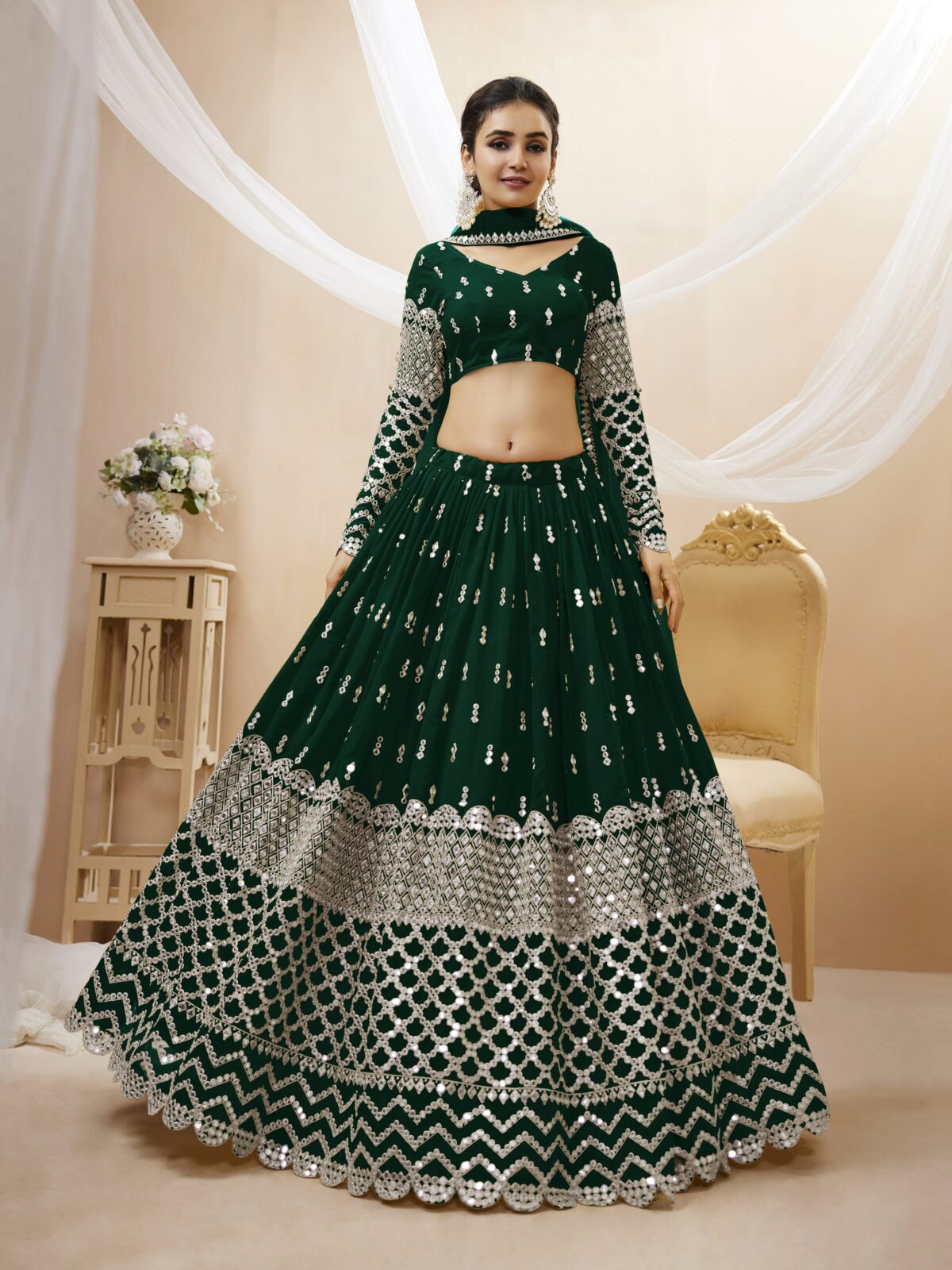 Green Color Georgette Fabric Sequence Work Lehenga