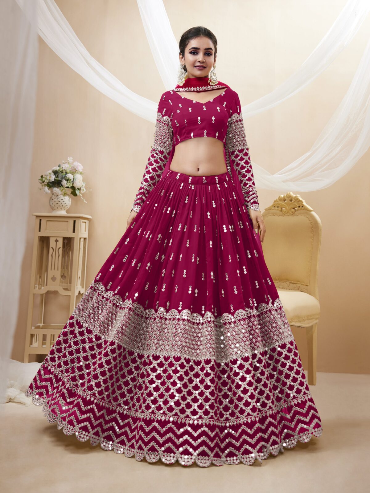 Hot Pink Color Georgette Fabric Sequence Work Lehenga