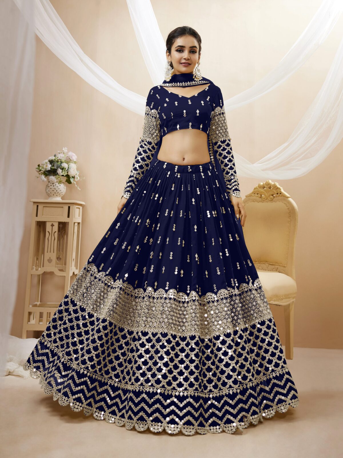 Navy Blue Color Georgette Fabric Sequence Work Lehenga
