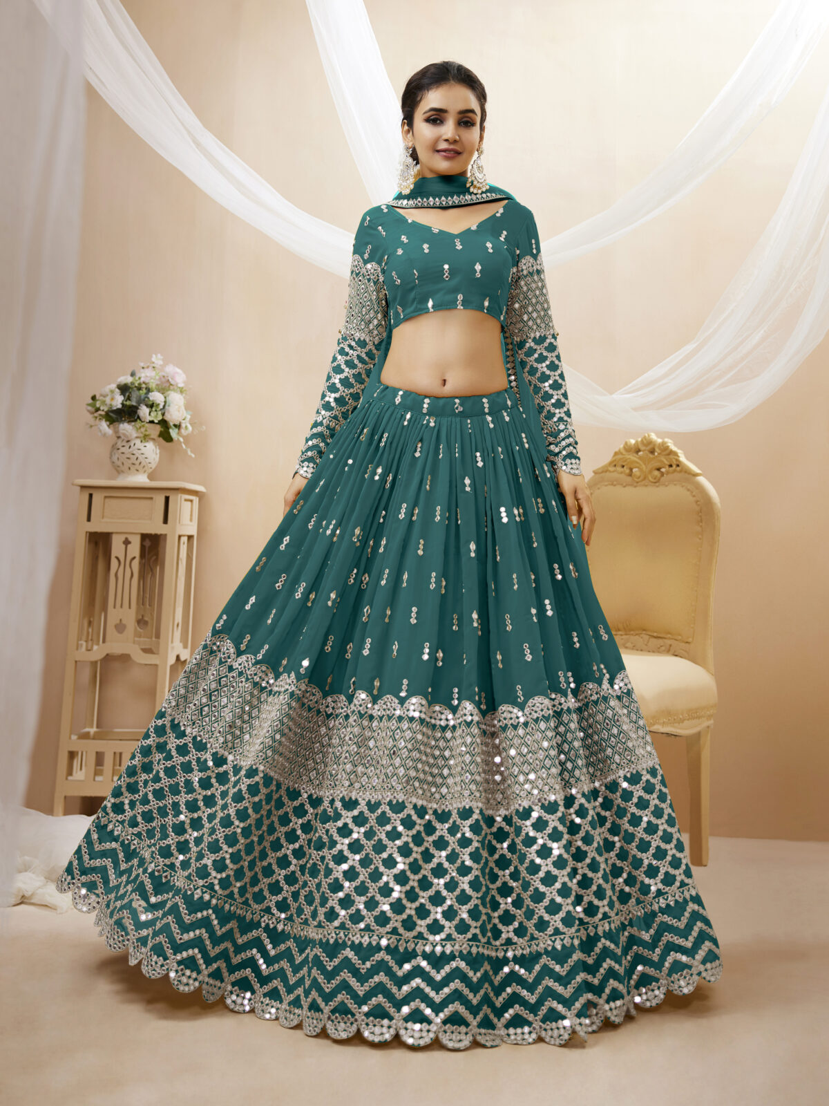 Teal Blue Color Georgette Fabric Sequence Work Lehenga