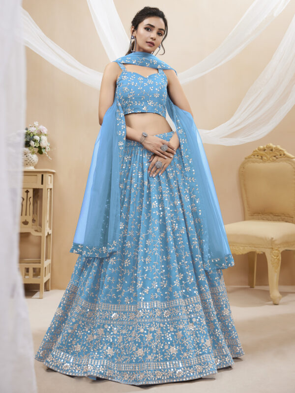 Sky Blue Color Georgette Fabric Embroidery Work Lehenga