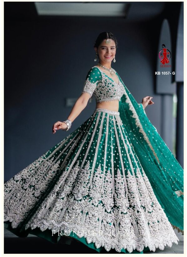 Green Heavy Butterfly Net Beautiful Embroidery Work Bridal Lehenga
