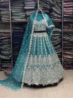 Green Heavy Butterfly Net Beautiful Embroidery Work Bridal Lehenga