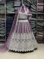 Purple Heavy Butterfly Net Beautiful Embroidery Work Bridal Lehenga