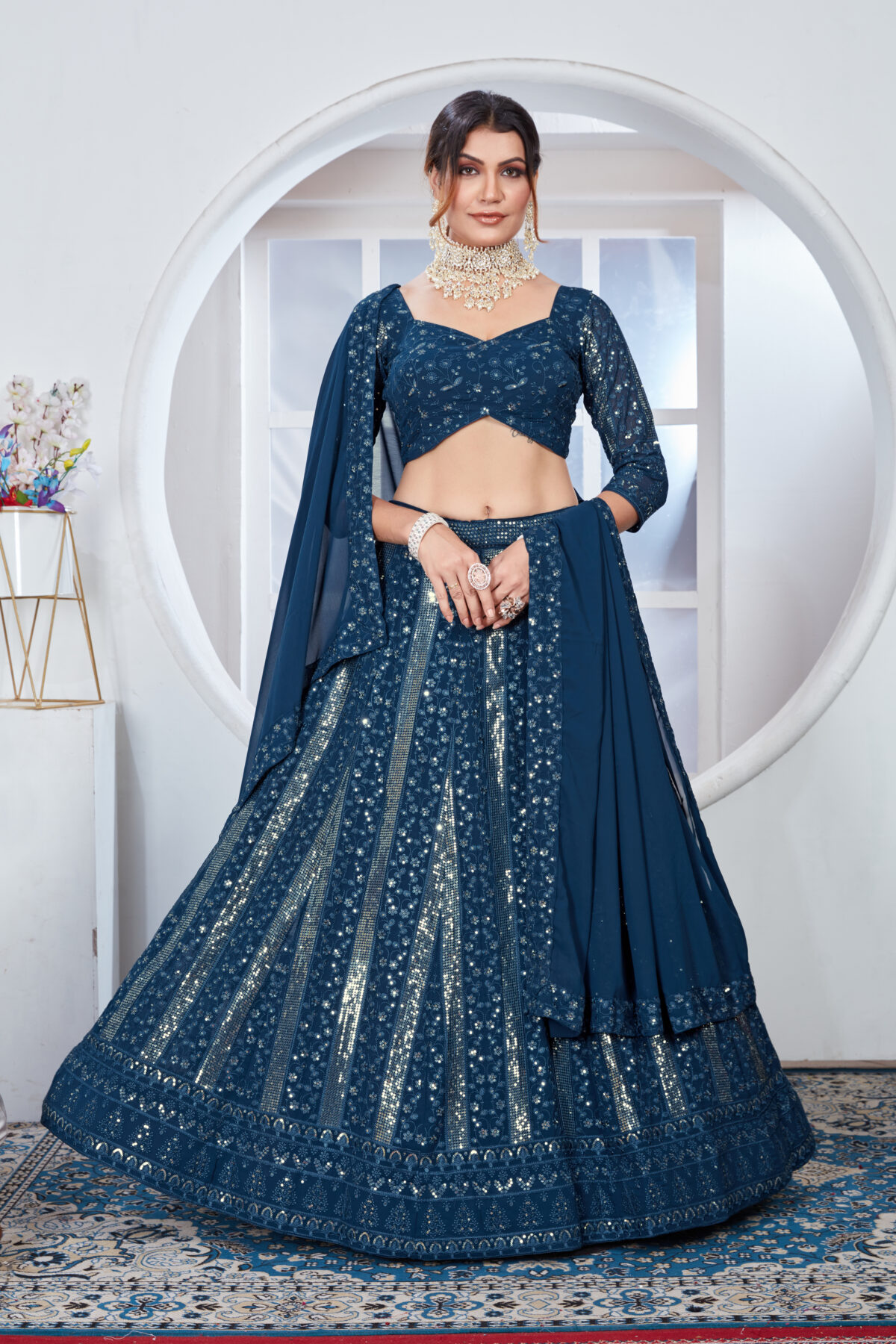 Dark Blue Color Faux Georgette Fabric Sequence Thread Work Lehenga Choli