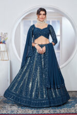 Dark Blue Color Faux Georgette Fabric Sequence Thread Work Lehenga Choli