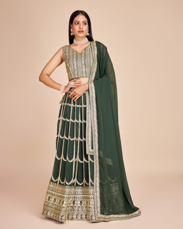 Green Color Faux Georgette Fabric Mirror Sequence Thread Work Lehenga Choli