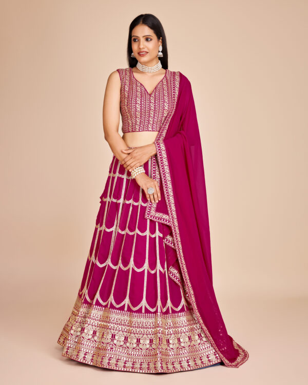 Rani Pink Color Faux Georgette Fabric Mirror Sequence Thread Work Lehenga Choli